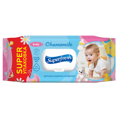 Серветки вологі "Superfresh" Baby chamomile з клапаном 120 штук 021476    фото