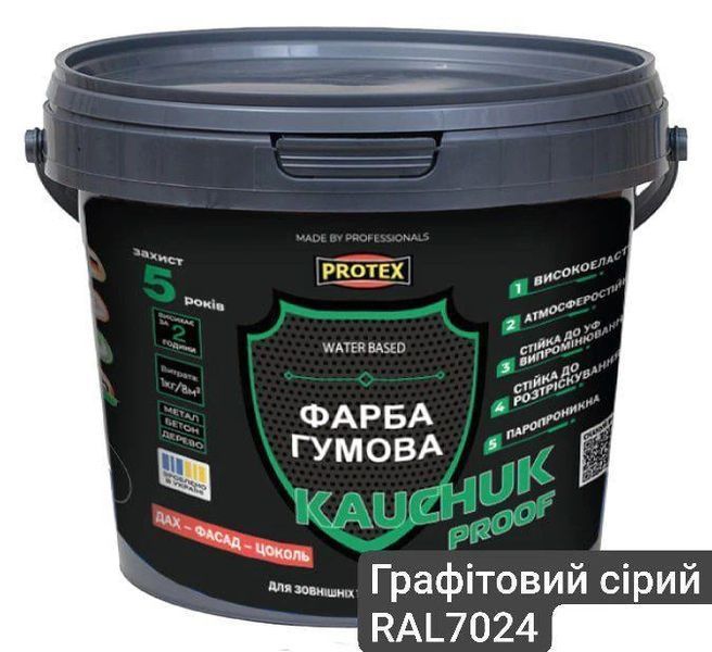 Фарба гумова високоеластична Protex Kauchuk Proof RAL 7024 графітова сіра мат 1,3 кг 053558    фото
